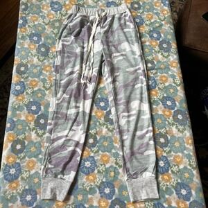 Grey and purple and green pale camo joggers women's small